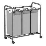 Wasmand Op Wielen, Wassorteermachine Met 3 Afneembare Stoffen Zakken, Wasverzamelaar, Opbergruimte Voor Speelgoed, Stevig, 3 X 44 Liter, Grijs