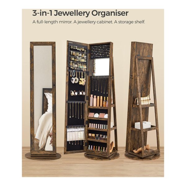 COSTWAY Sieradenkast met plank, spiegelkast afsluitbaar met full-body spiegel, 3 gekleurde ledlampen en 2 laden, vrijstaande sieradenorganizer voor slaapkamer, woonkamer (bruin