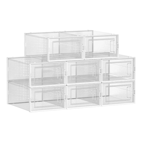 Schoendozen, Set Van 8, Opbergdozen Voor Schoenen, Schoen Organizer, Plastic Dozen, Opvouwbaar En Stapelbaar, Voor Schoenen Tot Maat 42, Transparant Wit