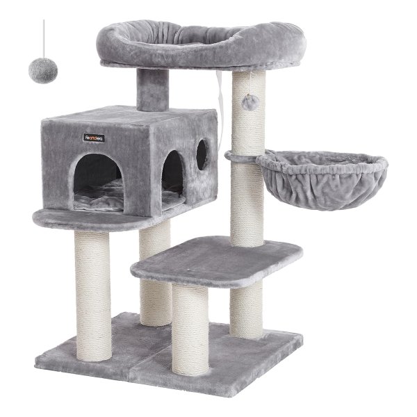 Kattenboom Met Xxl Uitkijkplatform, Bank, Grote Knuffelholte, Verstelbare Elementen, Extra Dikke Stammen Volledig İn Sisal Gewikkeld, Kattenboom, Stabiel, Lichtgrijs
