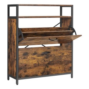 Vintage Bruin-Zwarte Schoenenkast Met 2 Kleppen, Schoenenrek, Schoenenkantelaar, 2 Vakken En Planken - Ruimtebesparend Voor 10-16 Paar Schoenen
