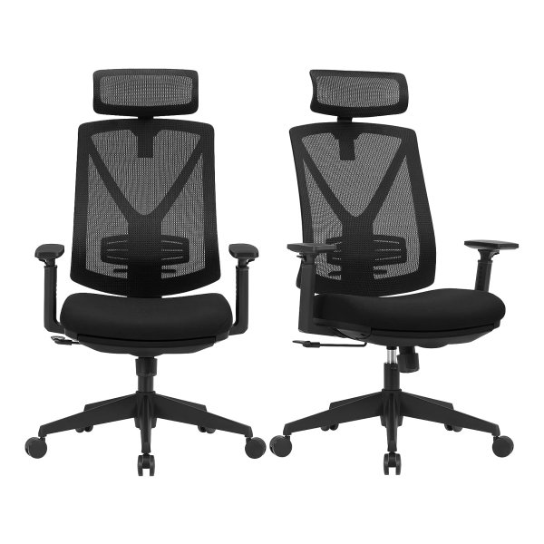 Bureaustoel Met Voetensteun, 2-Delige Set, Ergonomische Bureaustoel Met Lendensteun, Verstelbare Hoofdsteun En Armsteun, Hoogteverstelling En Kantelfunctie, Zwart
