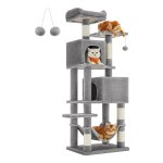 Krabpaal 155 cm – Kattenboom met 5 Krabzuilen, 2 Platforms, Hangmat – Lichtgrijs