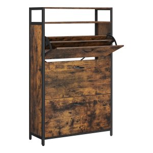 Rustieke Schoenkast Met 3 Luiken, Open Plank, Binnenverdeler, Ruimtebesparend, 80 X 30 X 130 Cm, Voor 15-24 Paar Schoenen, Bruin En Zwart