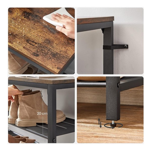 LBS205B01 Schoenenrek, 4 roosterniveaus ,en royaal oppervlak voor tassen, entree, hal, metaal, industrieel design, vintabruin-zwart