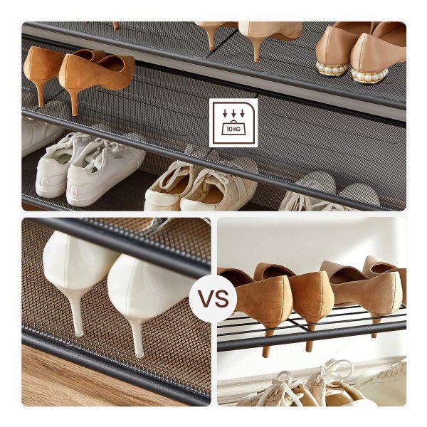 LBS205B01 Schoenenrek, 4 roosterniveaus ,en royaal oppervlak voor tassen, entree, hal, metaal, industrieel design, vintabruin-zwart