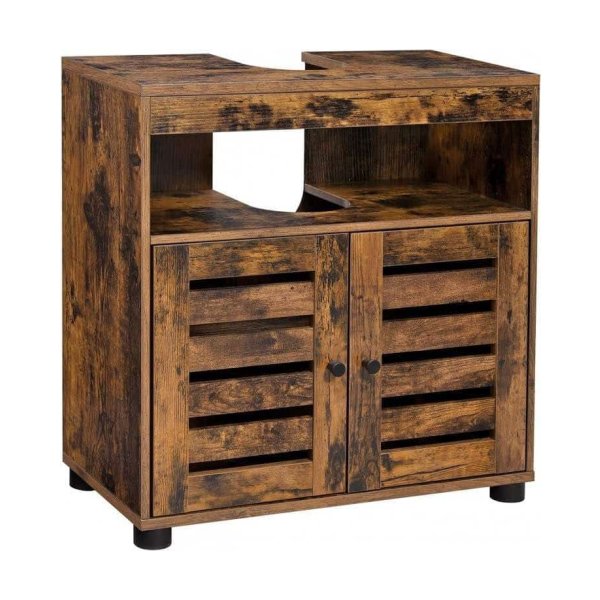 Vintage Bruine Wastafelkast Met 2 Lattendeuren, 30 X 60 X 63 Cm, Inclusief Verstelbare Plank