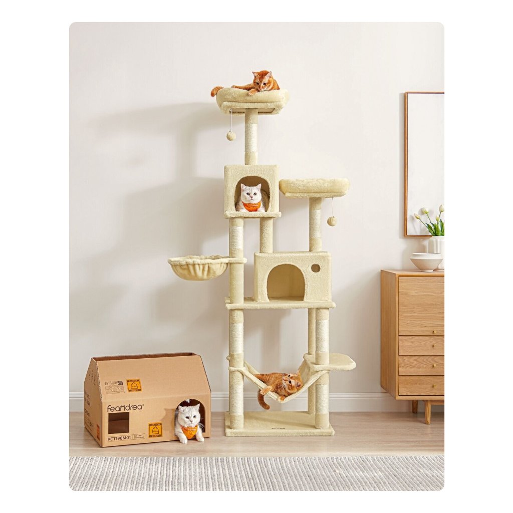 PAWZ Road Krabpaal voor grote katten, stabiel, met meerdere niveaus, hangmat, 13 sisalpalen (11 cm), grote zitstang, holletjes, manden, krabpaal XXL 170 cm, grijs