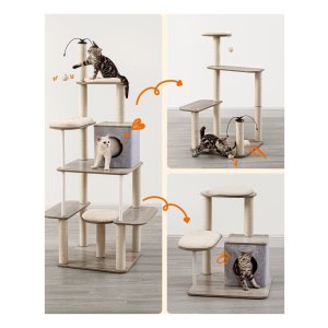 Krabpaal Voor Kat - Dıy 167Cm Hoge Toren Met Moderne 360° Roterende Pluche Ballen En Verwijderbare Wasbare Kussens - Grijs