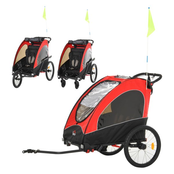Kinderfietskar - SportyKids - 3-in-1 - voor twee kinderen - rood/zwart