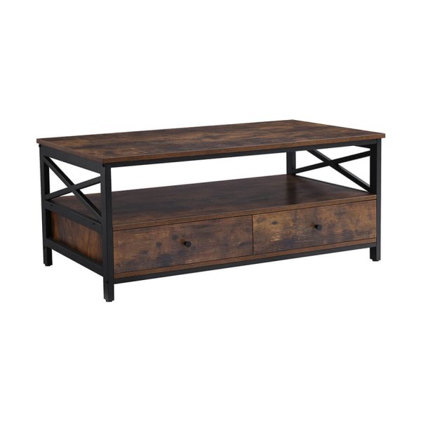 Salontafel Met Laden, Salontafel, woonkamertafel met laden, X vormige schragen, industrieel ontwerp, rustiek bruin