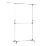Kledingrek met 2 kledingstangen, uittrekbare garderobestang, met wieltjes, in hoogte verstelbaar tussen 113 en 180 cm, onderste stang verstelbaar, wit