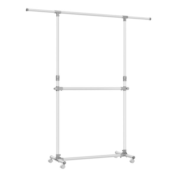 Kledingrek met 2 kledingstangen, uittrekbare garderobestang, met wieltjes, in hoogte verstelbaar tussen 113 en 180 cm, onderste stang verstelbaar, wit