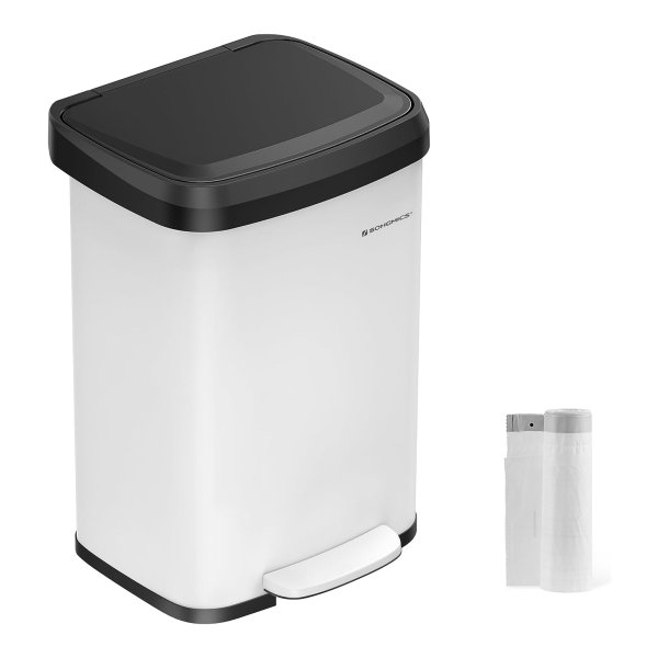 Afvalemmer keuken, 50 liter afvalemmer, pedaalemmer van metaal, met deksel, hoog, smal en ruim, wit en zwart