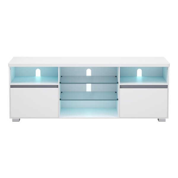 TV kast met LED verlichting, televisietafel, tv standaard voor tv's tot 70 inch, met open planken, 2 kasten met deuren, 160 cm, voor woonkamer, wit