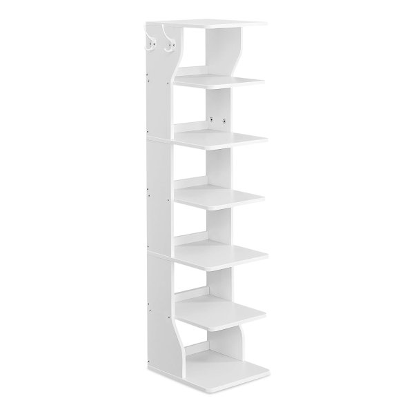 Smal, staand rek met 6 niveaus, ruimtebesparend, voor entree, hoek, schoenenrek, wit