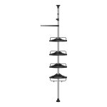In hoogte verstelbaar doucherek, telescopische badkameropslag, totale hoogte 95-300 cm, roestvrij staal, 4 niveaus, 3 haken, 1 handdoekhouder, zilver en zwart