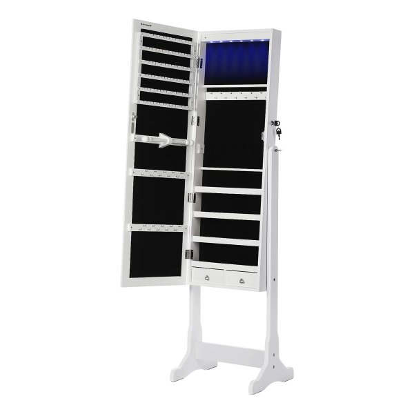 LED sieradenkast, sieradenkast met spiegel over de volledige lengte, afsluitbare sieradenorganizer met 2 lades, stevig en stijlvol, cadeau idee, wit