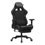 Gamingstoel met voetsteun, racebureaustoel, ergonomisch, lendenkussen, stalen frame, hoge rugleuning, PU en polyesterbekleding, belasting 150 kg, zwart