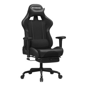 Gamingstoel met voetsteun, racebureaustoel, ergonomisch, lendenkussen, stalen frame, hoge rugleuning, PU en polyesterbekleding, belasting 150 kg, zwart