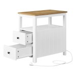 Bijzettafel, smal nachtkastje met stekkerdoos, 2 laden, banktafel, voor kleine ruimtes, maritieme stijl, walnootbruin en wit
