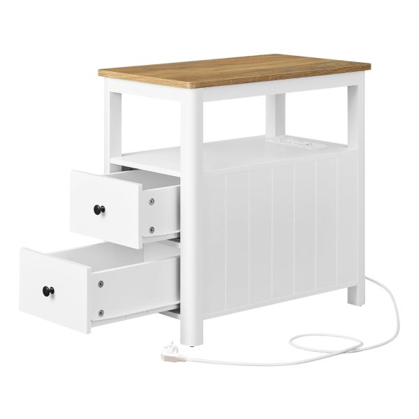 Bijzettafel, smal nachtkastje met stekkerdoos, 2 laden, banktafel, voor kleine ruimtes, maritieme stijl, walnootbruin en wit
