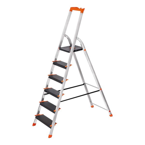 Ladder 6 treden, aluminium ladder, 12 cm brede treden, trapladder, gereedschapsbakje, vouwladder, antislip, max. statische belasting 150 kg