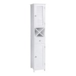 Badkamermeubel, hoge kast, badkamermeubel met 2 lamellen deuren, opbergkast met lade, uitneembare X vormige plank, Scandinavische stijl, wit