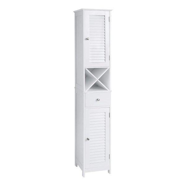 Badkamermeubel, hoge kast, badkamermeubel met 2 lamellen deuren, opbergkast met lade, uitneembare X vormige plank, Scandinavische stijl, wit
