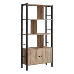 Boekenplank, grote boekenkast met deuren, 4 planken, staalstructuur, industriële stijl, voor woonkamer, kantoor, geroosterd eikenhout kleur en zwart