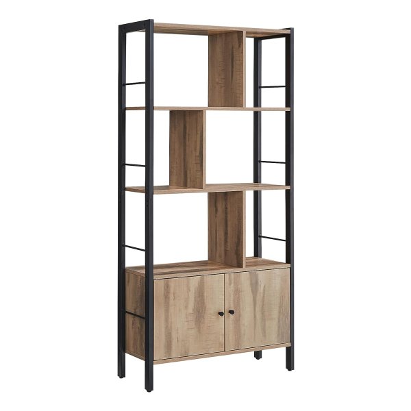 Boekenplank, grote boekenkast met deuren, 4 planken, staalstructuur, industriële stijl, voor woonkamer, kantoor, geroosterd eikenhout kleur en zwart