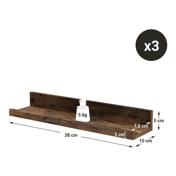 wandplanken, set van 3, zwevende planken, lengte 38 cm, verhoogde voorkant, voor decoratieve items, kruidenpotjes en fotolijsten, vintage bruin, LWS037X01