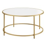 Ronde salontafel, woonkamertafel met houten plank en gouden stalen frame, eenvoudige montage, moderne stijl, goud en wit