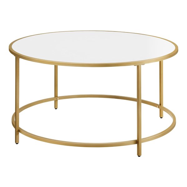 Ronde salontafel, woonkamertafel met houten plank en gouden stalen frame, eenvoudige montage, moderne stijl, goud en wit