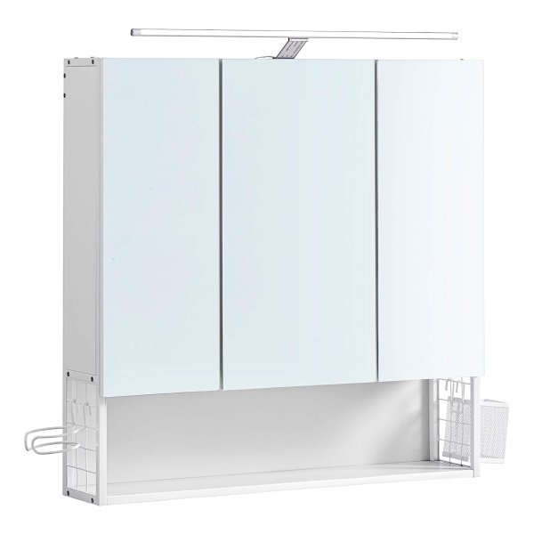 Spiegelkast badkamer met verlichting, badkamerkast, geïntegreerde kabel, spiegelkast, wandkast, in hoogte verstelbare plank, 3 deuren, modern, wit