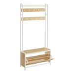 Kapstok met schoenenkast, kapstok met bank, kledingrek, schoenenrek, 9 haken, bovenste plank, voor gang, slaapkamer, modern design, eikenwit