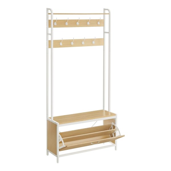 Kapstok met schoenenkast, kapstok met bank, kledingrek, schoenenrek, 9 haken, bovenste plank, voor gang, slaapkamer, modern design, eikenwit