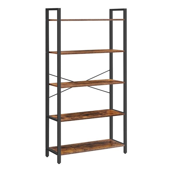 Boekenkast met 5 verdiepingen, rustieke planken met stalen frame, voor woonkamer, kantoor, studeerkamer, hal, industriële stijl, rustiek bruin en zwart