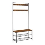 Kapstok, kledingrek met schoenenrekken, schoenenrek met zitje, voor in de gang, met haken, 3 legplanken, van metaal, hoogte 175 cm, industrieel ontwerp, vintage bruin en zwart