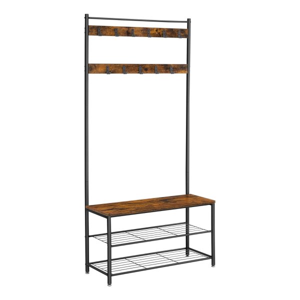 Kapstok, kledingrek met schoenenrekken, schoenenrek met zitje, voor in de gang, met haken, 3 legplanken, van metaal, hoogte 175 cm, industrieel ontwerp, vintage bruin en zwart
