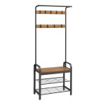 Kleerhanger, vrijstaande halboom, kledingstandaard met afneembare haken, bank en schoenenrek, hoogte 183 cm, staal, industrie, rustieke walnoot en zwart