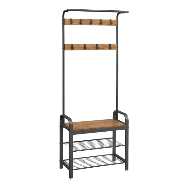 Kleerhanger, vrijstaande halboom, kledingstandaard met afneembare haken, bank en schoenenrek, hoogte 183 cm, staal, industrie, rustieke walnoot en zwart