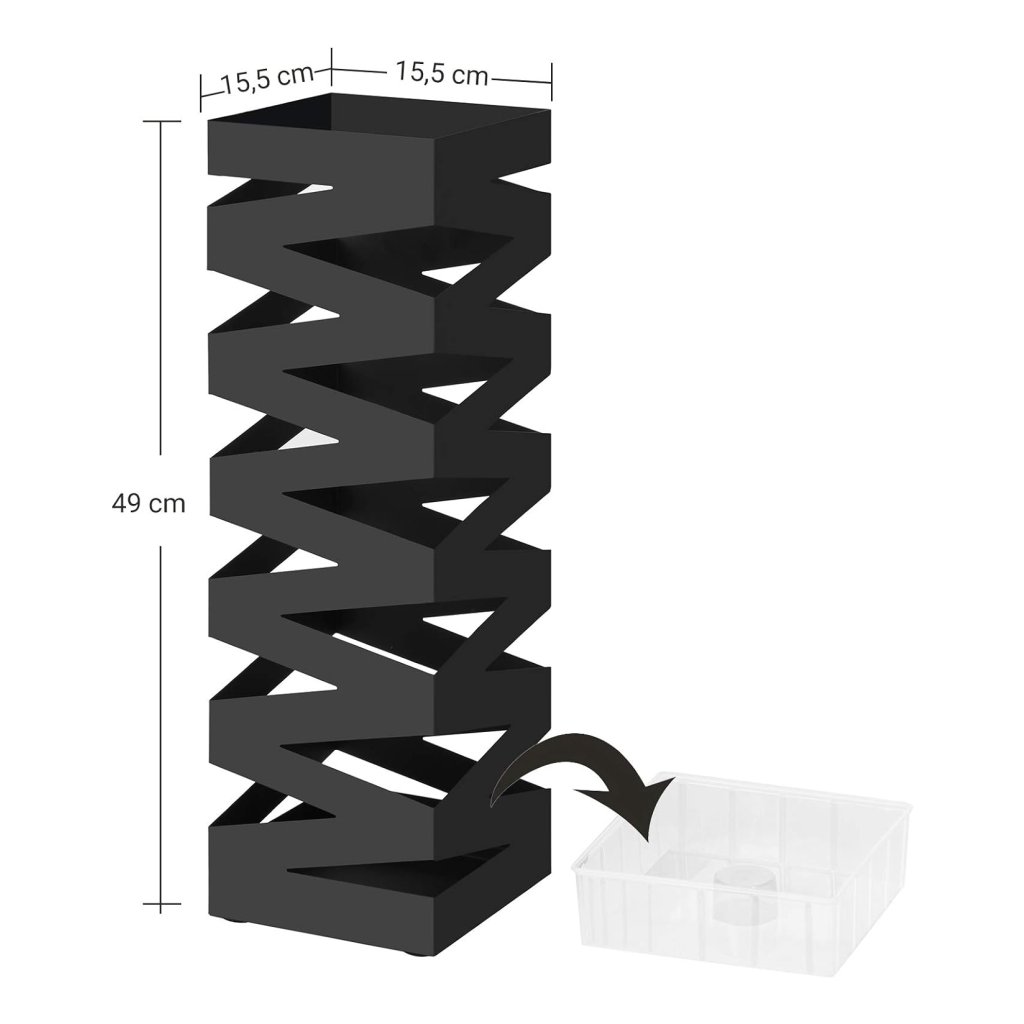 SONGMICS parapluhouder, metaal, parapluhouder, vierkant, 4 haken en een afneembare wateropvangbak, 15,5 x 15,5 x 49 cm, zwart LUC16B