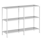 Consoletafel, plank, 3 planken van gehard glas, gangtafel, metalen frame, modern, voor hal, woonkamer, slaapkamer, parelwit en leigrijs