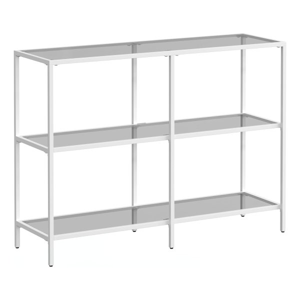 Consoletafel, plank, 3 planken van gehard glas, gangtafel, metalen frame, modern, voor hal, woonkamer, slaapkamer, parelwit en leigrijs