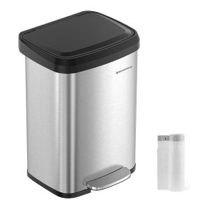 Afvalemmer keuken, 50 liter afvalemmer, pedaalemmer van metaal, met deksel, hoog, smal en ruim, zilver en zwart