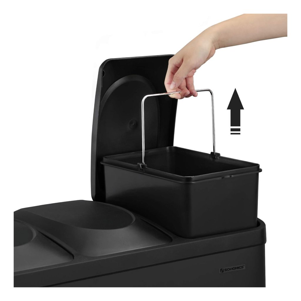 SONGMICS Keukenafvalbak 45 Liter - 3x15 Liter Pedaalemmer RVS Met Binnenbakken - Zwart