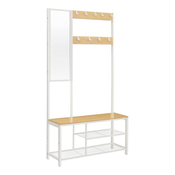 Kapstok, halkast met haken, spiegel, schoenenbank en planken, voor hal slaapkamer woonkamer, eiken en wit