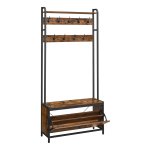 Kapstok met schoenenkast, kapstok met bankje, kledingrek, schoenenkieper, 9 haken, bovenste plank, voor hal, slaapkamer, industrieel ontwerp, vintage bruin en zwart