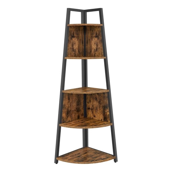 Hoekrek, boekenkast met 5 planken, staand rek, voor slaapkamer, woonkamer, werkkamer, vintage bruin en zwart